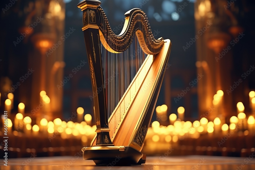 Poster a golden harp placed on top of a table. ideal for music-related designs or concepts