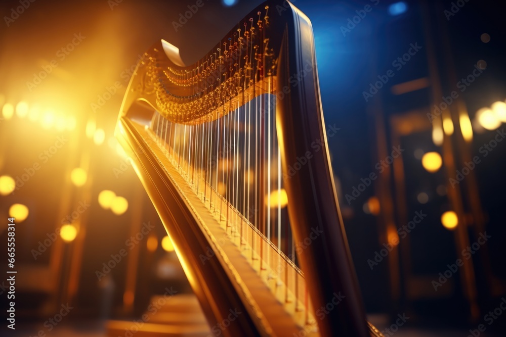 Poster A close up view of a harp on a stage. This image can be used to enhance music-related articles or as a background for concert promotions