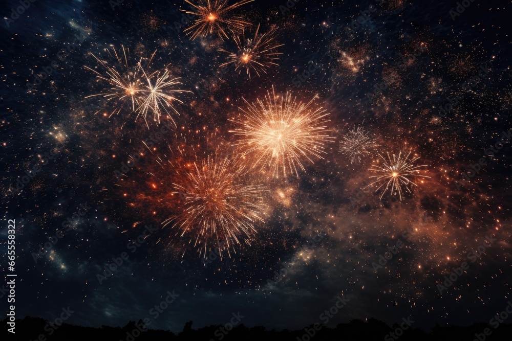 Poster a vibrant display of fireworks illuminating the night sky. perfect for adding excitement and celebra