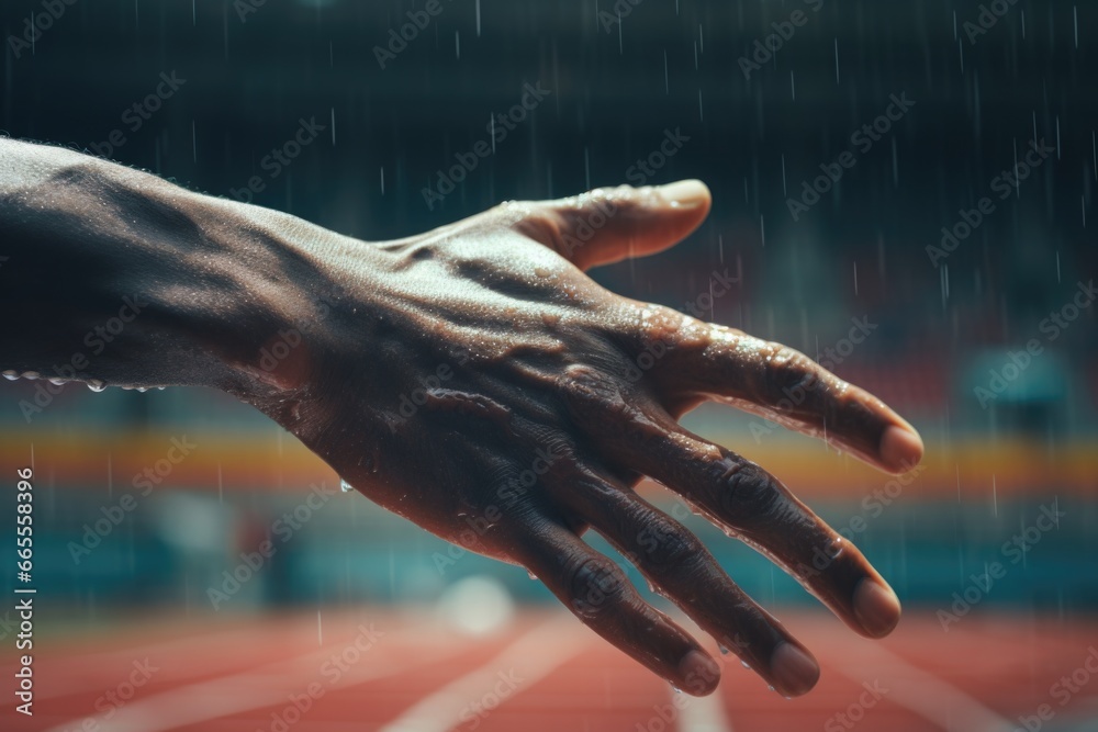 Aufkleber A close up of a person's hand on a track. This image can be used to depict concepts such as determination, focus, perseverance, or the idea of moving forward.