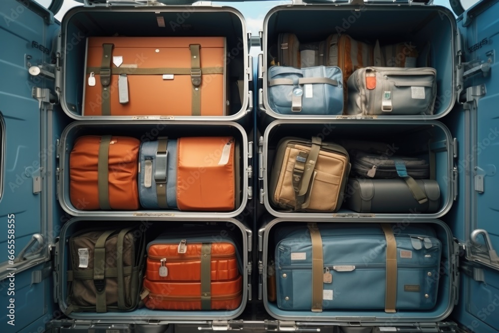 Poster Suitcases neatly arranged inside a truck. Perfect for travel or moving-related designs.
