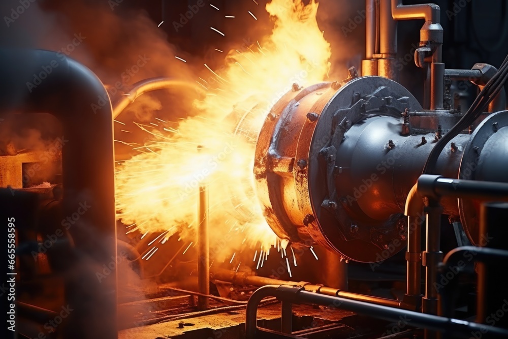 Aufkleber A captivating image of a large pipe emitting a fiery display. This visually striking picture can be used to depict industrial processes, energy production, or dramatic scenes