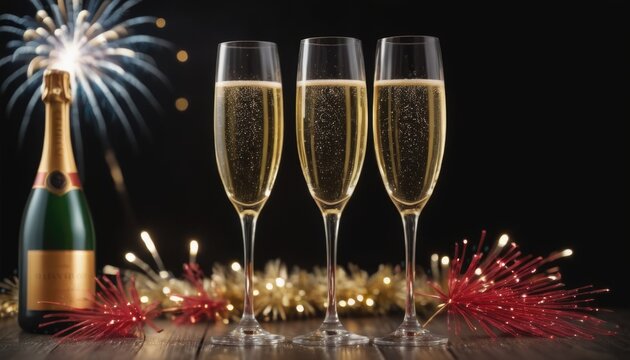 New Year's and Christmas celebration background with fireworks, champagne glasses and bottle