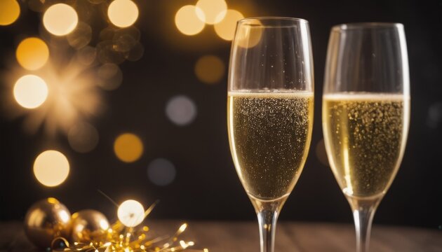 New Year's and Christmas celebration background with fireworks, champagne glasses