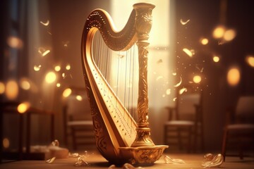 A golden harp placed on a sturdy wooden table. Perfect for music-related designs or illustrations.