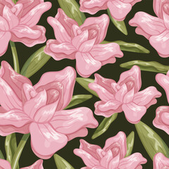 Fototapeta premium Cartoon beautiful blooming pink rose flower. Vector seamless floral pattern, Stem with leaves and bud with petals.