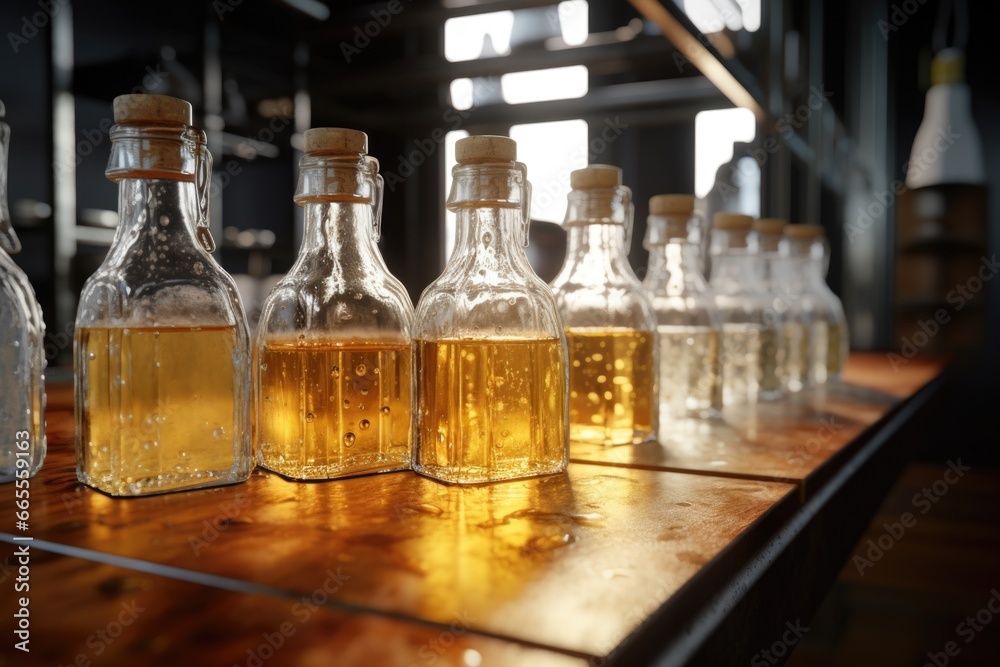 Aufkleber A row of bottles filled with liquid sitting on top of a wooden table. This versatile image can be used for various themes and concepts