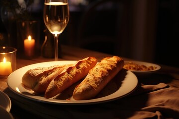 A plate of bread and a glass of wine on a table. Perfect for food and beverage related designs - obrazy, fototapety, plakaty