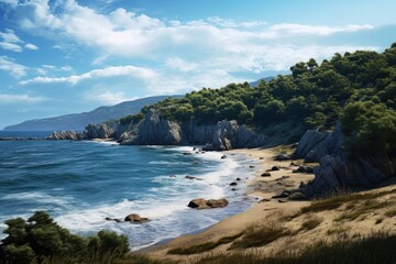 A beautiful painting depicting a serene beach with rocks and crystal clear water. Perfect for adding a touch of tranquility to any space.