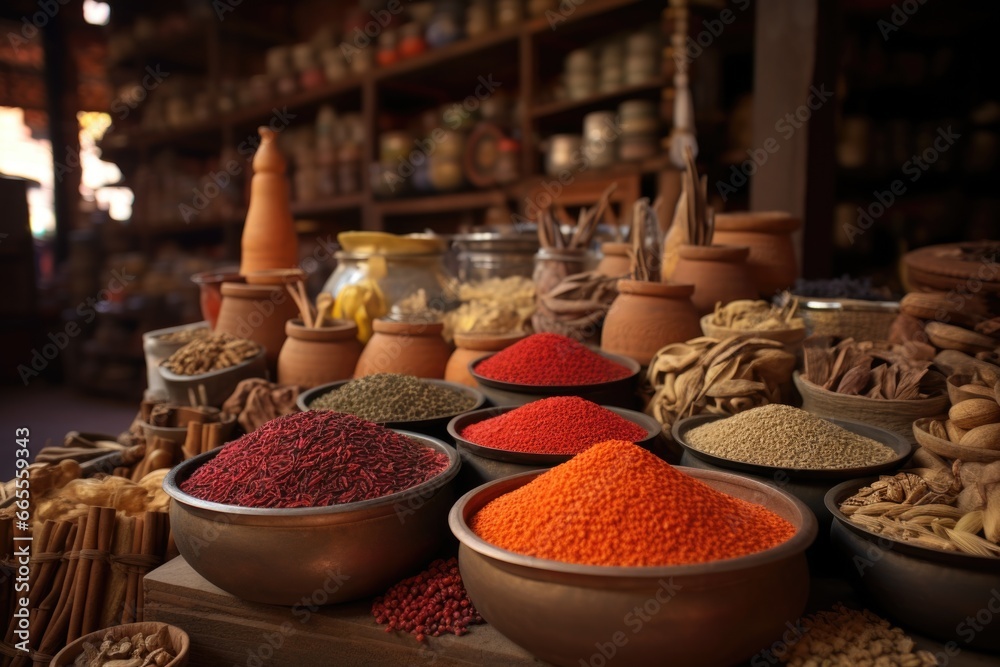 Poster A collection of different kinds of spices presented in a variety of bowls. This image can be used to enhance food-related content or to create a visually appealing cooking or recipe presentation