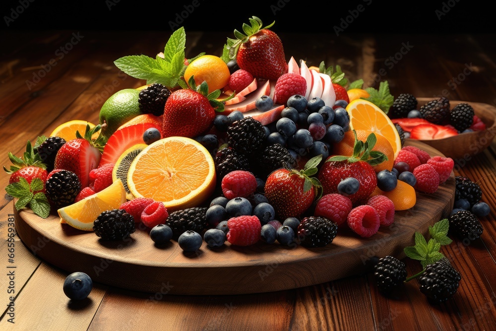 Poster a pile of various fruits sitting on top of a wooden table. this image can be used to depict a health