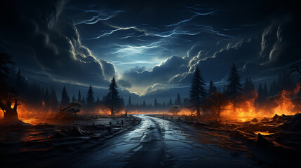 Path of mountain top with lightening way.