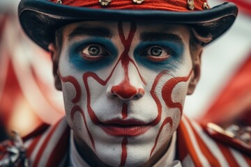 A close-up view of a person wearing vibrant and colorful clown makeup. This image is perfect for circus-themed events, Halloween parties, or theatrical performances