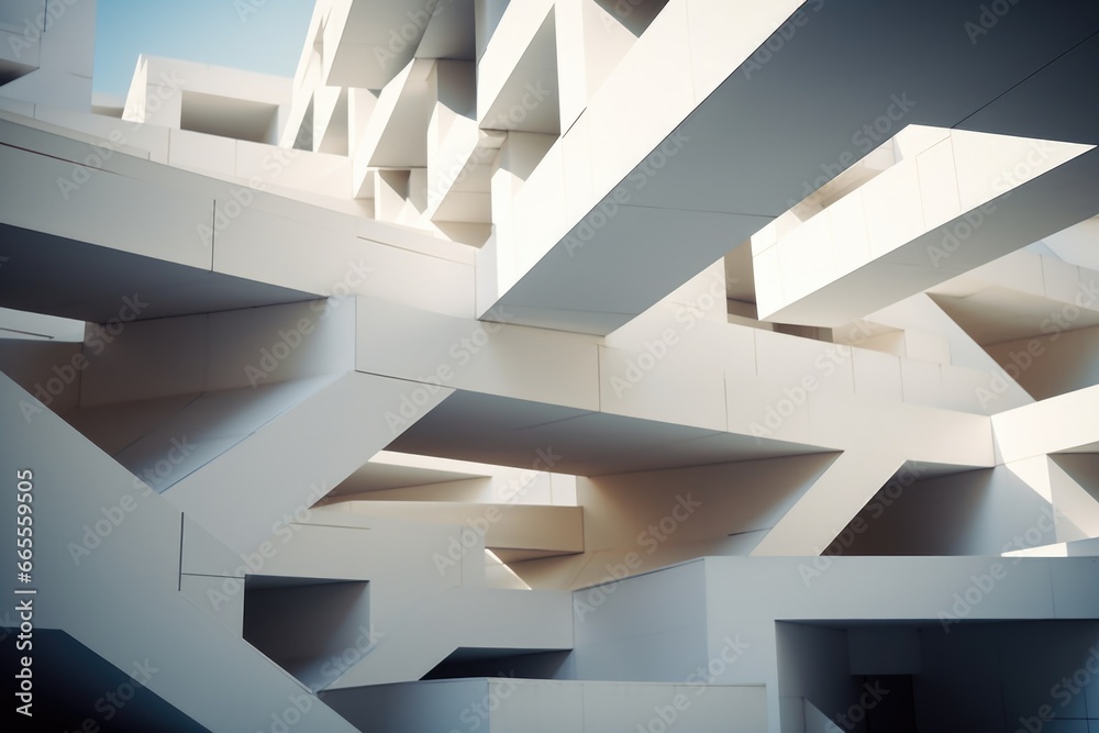 Poster a picture of a building with a series of stairs inside. suitable for architectural, interior design,