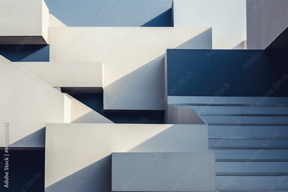 Poster a picture of a white and blue building with stairs and balconies. this image can be used to showcase