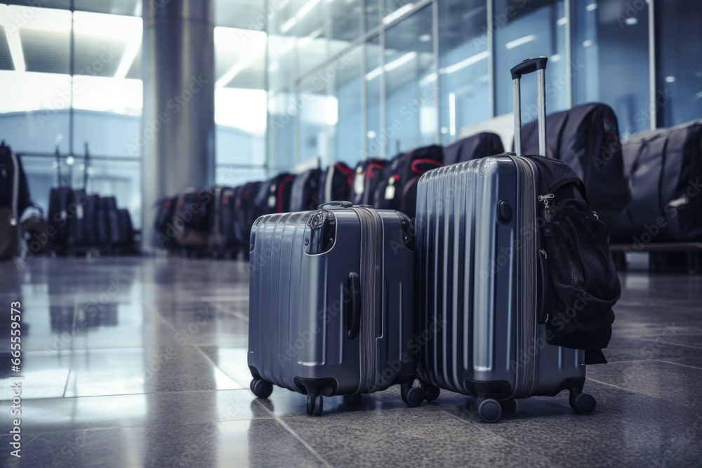 Poster a couple of suitcases sitting on top of a tiled floor. perfect for travel-related projects or interi