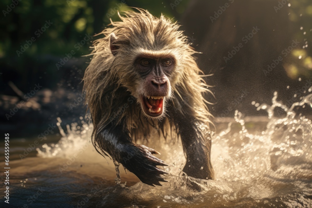 Poster A picture capturing the moment a monkey is running through a body of water. This image can be used to depict wildlife in action or as a symbol of freedom and agility