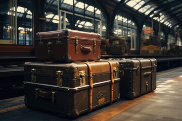 A bunch of luggage sitting on top of a train platform. Suitable for travel and transportation themes - obrazy, fototapety, plakaty
