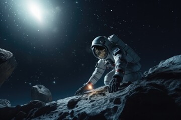 A man dressed in a space suit sitting on a rock. Suitable for space exploration themes or science fiction concepts