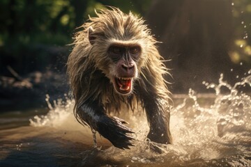 A picture capturing the moment a monkey is running through a body of water. This image can be used to depict wildlife in action or as a symbol of freedom and agility