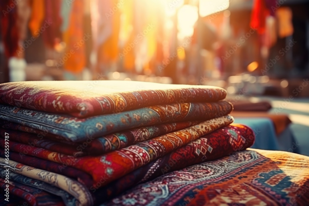 Poster A stack of blankets neatly arranged on top of a table. This versatile image can be used to showcase cozy home decor, interior design, or even winter bedding options