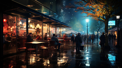 People sitting in city street reastaurant at night