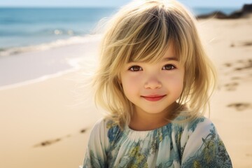 A little girl standing on top of a sandy beach. Perfect for beach-themed designs and family vacation advertisements.