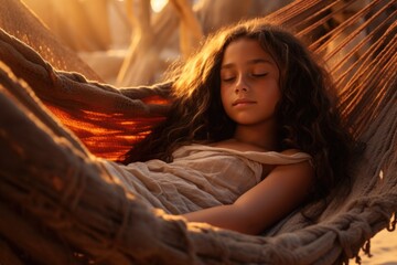 Obraz premium A peaceful image of a little girl sleeping in a hammock. Perfect for relaxation or summer-themed designs.