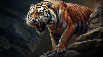 A tiger standing on a rock and roaring, generate AI