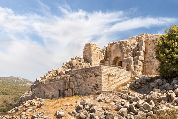 A well-preserved  entrance to ruins of the medieval fortress of Nimrod - Qalaat al-Subeiba, located...