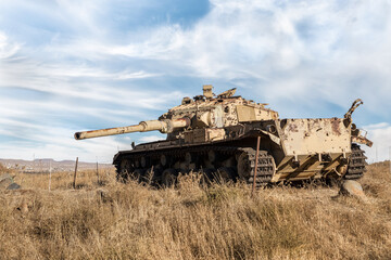 Fototapeta premium The remains of Israeli tank destroyed during Yom Kippur War in Valley of Tears near border with Syria on Golan Heights in the northern Israel