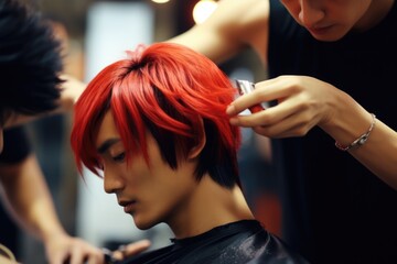 A picture of a man with red hair getting his hair cut. This image can be used to depict a haircut at a salon or barbershop.