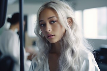 A woman with long white hair looking directly at the camera. This picture can be used for various purposes such as beauty and skincare products, fashion editorials, or age-related articles