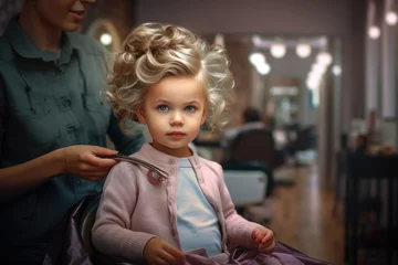  A picture of a little girl sitting in a salon chair while getting her hair cut. This image can be used to depict a child's haircut or for salon-related themes © Fotograf
