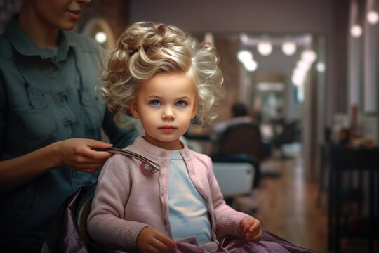 A picture of a little girl sitting in a salon chair while getting her hair cut. This image can be used to depict a child's haircut or for salon-related themes