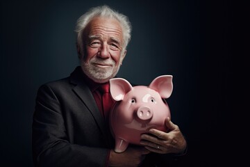 A professional businessman in a suit holding a piggy bank. This image can be used to represent financial savings, investments, or money management concepts