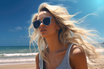 A woman wearing sunglasses on a beautiful beach near the ocean. Perfect for travel, vacation, and summer-themed designs