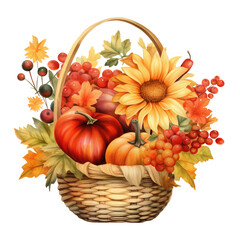 Naklejka na ściany i meble Autumn Basket of Food and Flowers Watercolor Clipart for Decorating Thanksgiving Cards and Invitations, Isolated on White or Transparent Background, PNG
