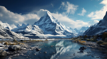 Snowy mountain with a lake and a cloudy sky.