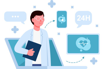 Web Banner Doctor doing Online Diagnose on The Computer Laptop Screen. Online Medical Consultation Concept vector illustration