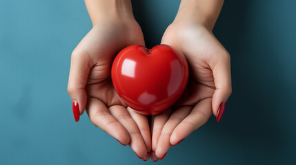 Female hands holding red heart.