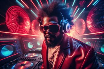 Man with Headphones and Sunglasses at DJ Equipment