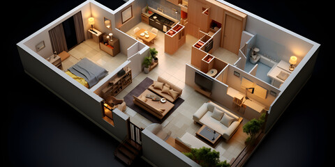  setting isometric perspective of a master bedroom A 3d model of a house with a bedroom and a...