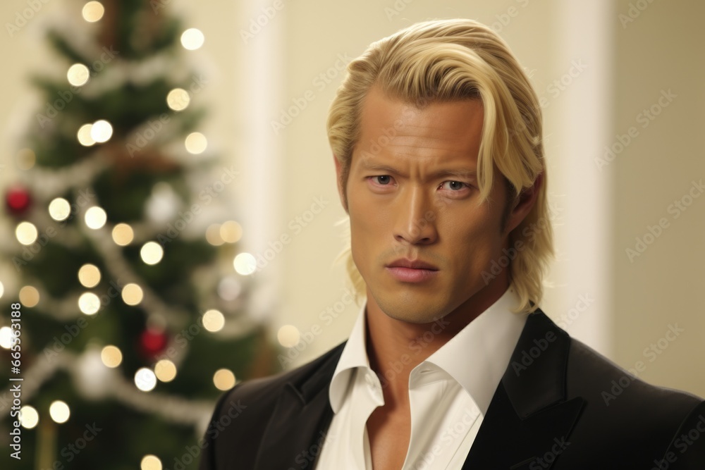 Poster Man in Tuxedo Standing in Front of Christmas Tree