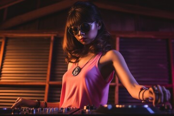 Fototapeta na wymiar Woman Playing DJ in Pink Shirt