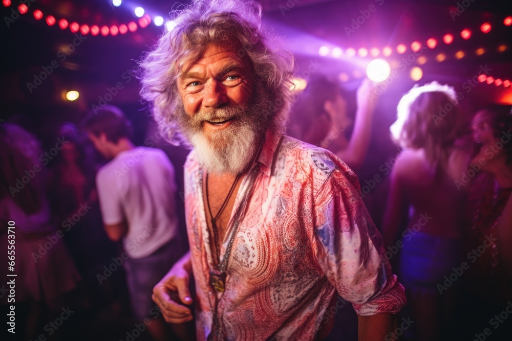 Poster bearded man standing in front of a crowd