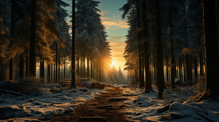 Winter forest with fir trees at sunset.