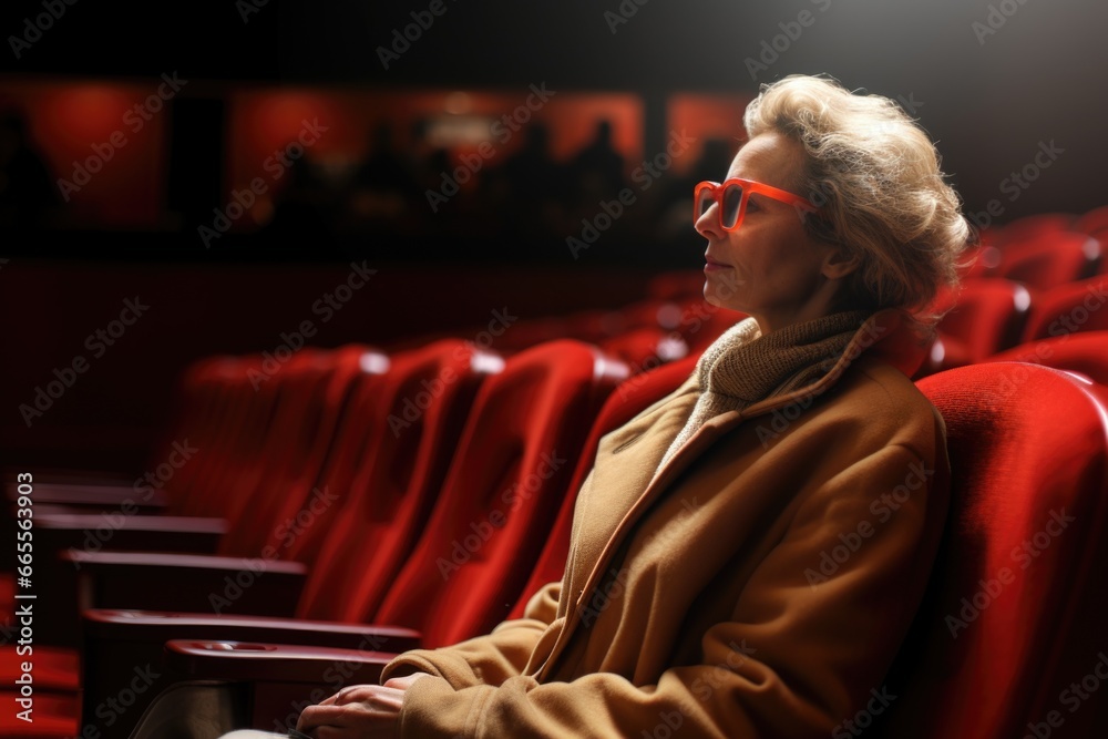 Wall mural Woman Sitting in Red Chair in Movie Theater