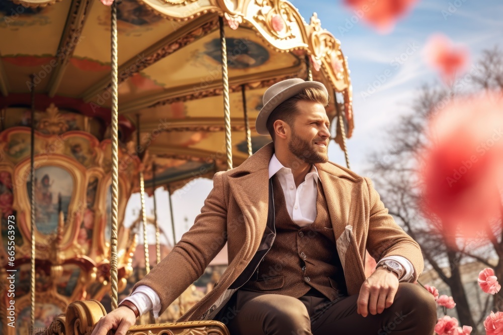 Poster man sitting on carousel in park