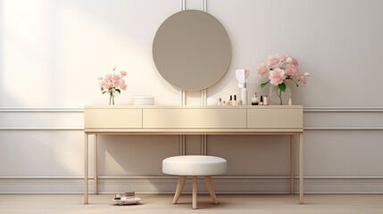 Fototapeta na wymiar A stylish and modern dressing table featuring a round mirror is showcased in a realistic render. The dressing table is empty, providing ample space for the display of beauty, makeup, cosmetic